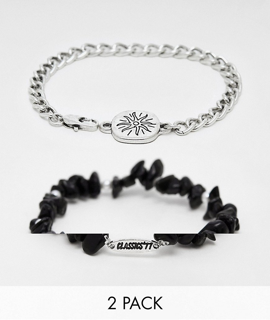 beaded and chain sun bracelet 2 pack in silver-Black