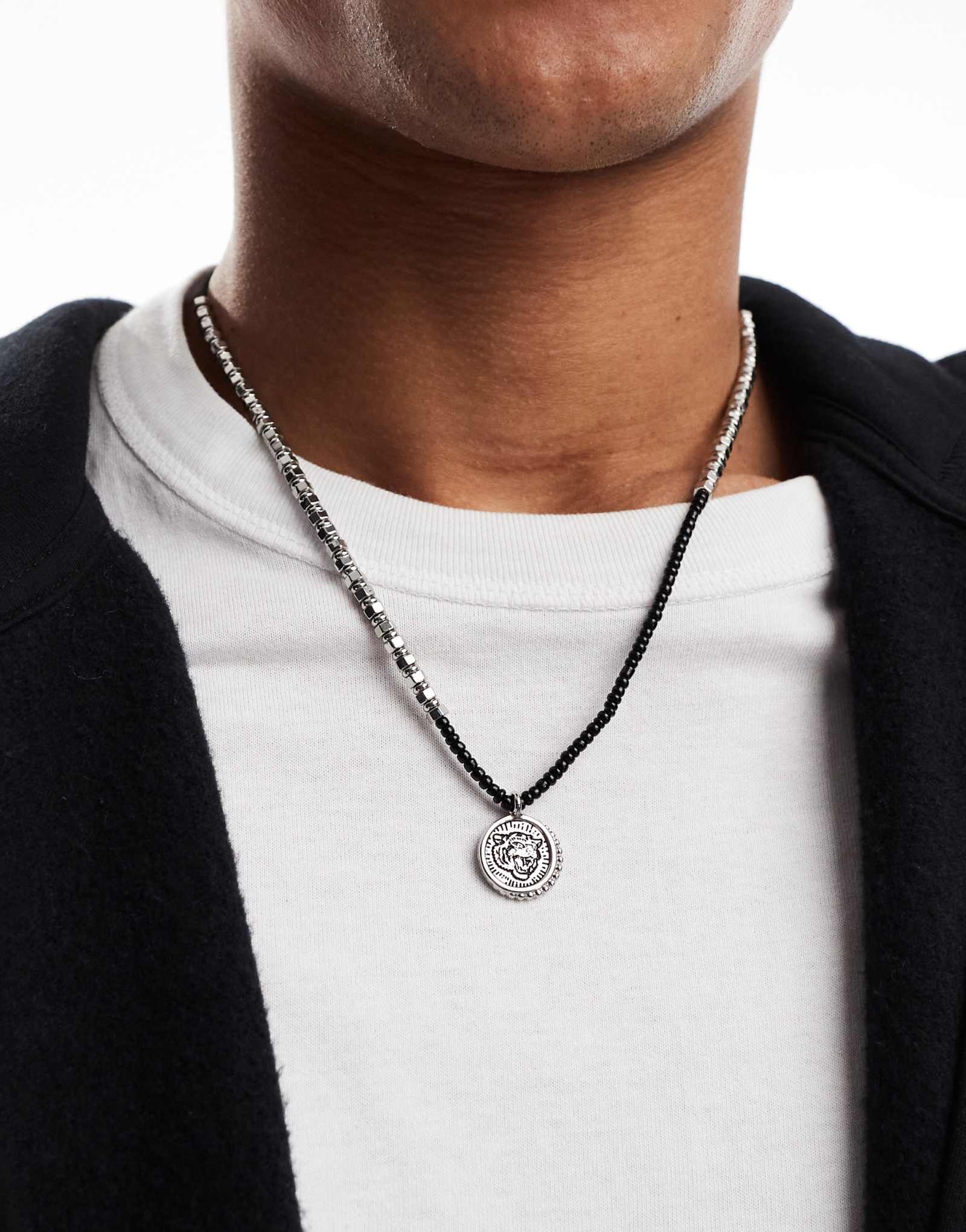 Классическое серебряное ожерелье с подвеской в виде тигра, украшенное бисером 77 пробы