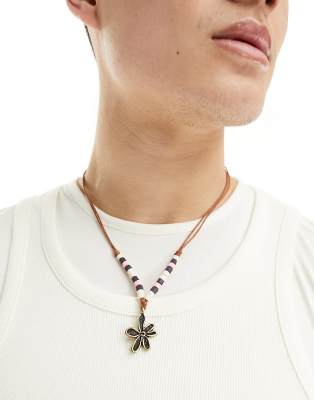 Classics 77 - Collana in corda marrone con perline e pendente a forma di fiore