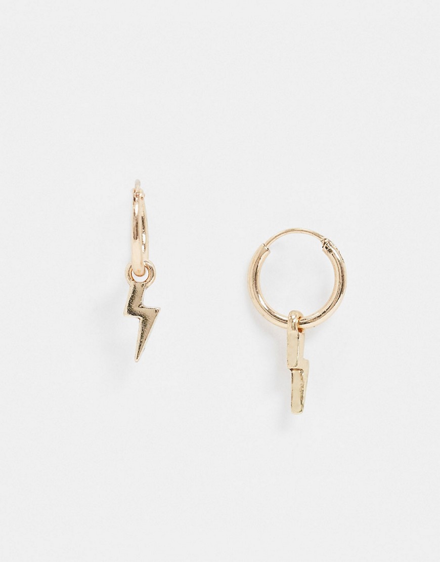 hoop earrings with lightning bolt charms in gold