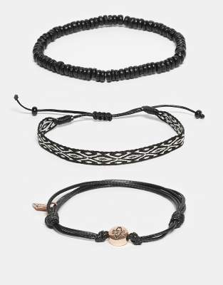 Classics 77 - Lot de 3 bracelets cordon, perles et tissu - Noir