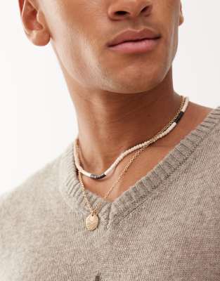 Classics 77 Multirow Bead And Chain Sun Engraved Pendant Necklace