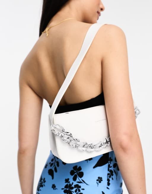 Claudia Canova baguette shoulder bag with marble print chain detail in white
