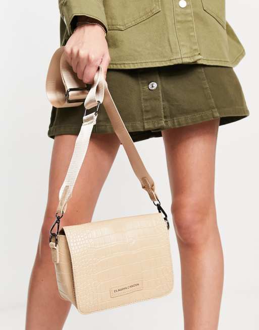Claudia Canova - Borsa con tracolla ampia bianco sporco effetto coccodrillo
