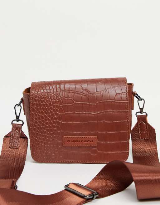 Claudia Canova cross body bag with webbing strap in tan croc