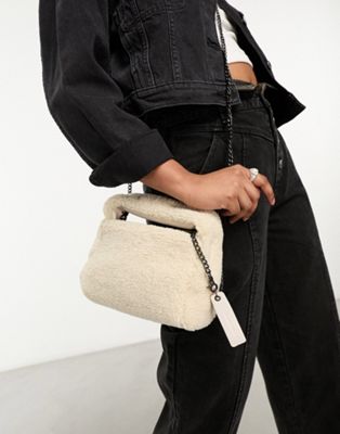 Claudia Canova mini grab bag with cross body strap in beige faux fur