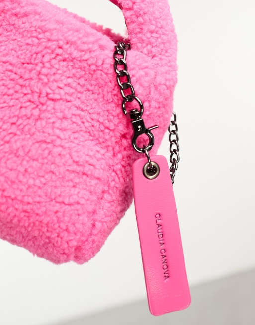 Claudia Canova mini grab bag with cross body strap in pink faux fur