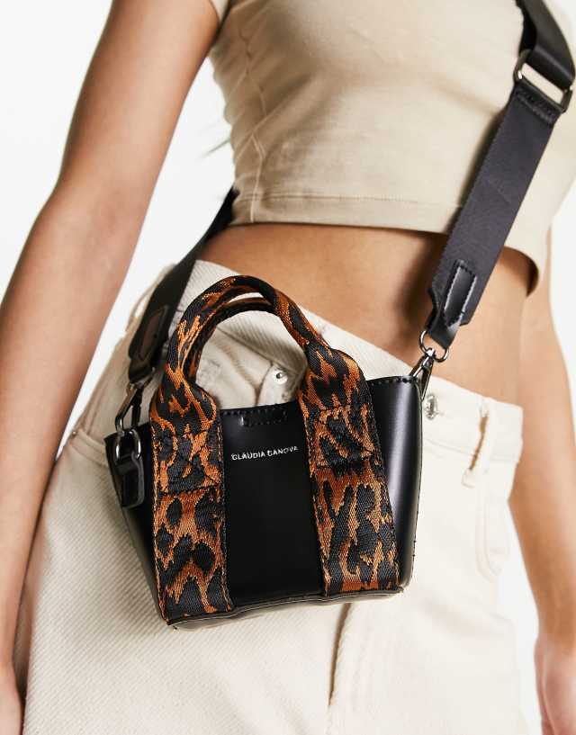 Claudia Canova mini grab bag with leopard print detail and cross-body strap in black