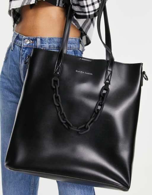 DISSONA Black Upper Leather Tote Bag Shoulder Purse Chain Straps 