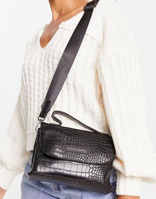 Claudia Canova top handle grab bag in black moc croc