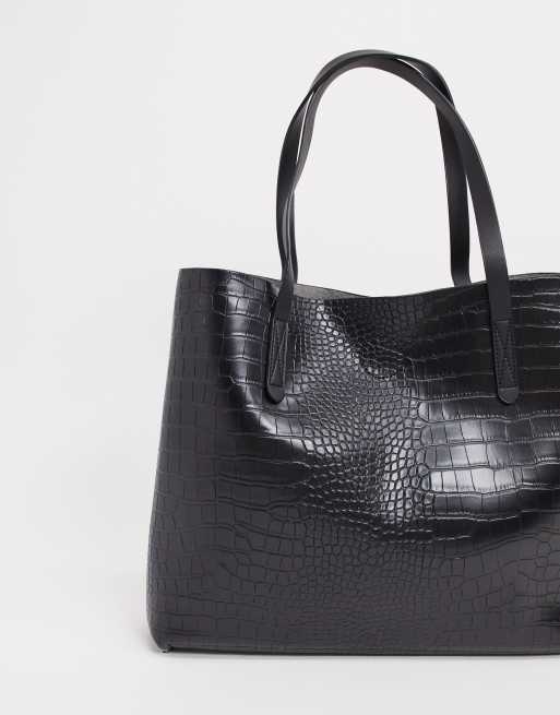 Claudia Canova unlined a line tote bag with removable pouch in black croc