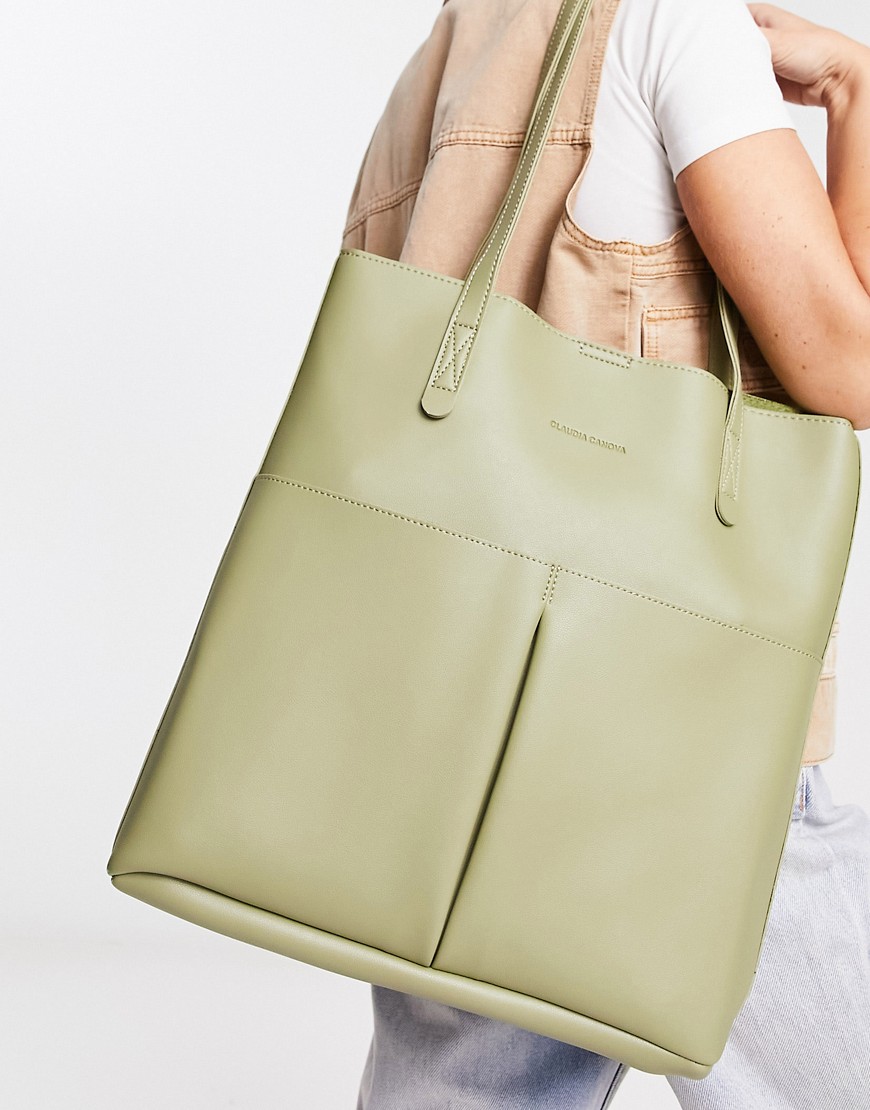 Claudia Canova Unlined Two Pocket Tote Bag In Khaki-Green