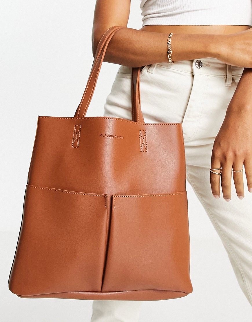 Claudia Canova unlined two pocket tote bag in tan-Brown