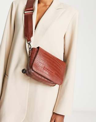 Claudia Canova wide strap crossbody bag in tan moc croc