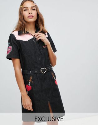 Cli Cli By Clio Peppiatt - Denim mini-jurk met patches-Zwart