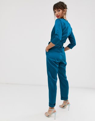 teal satin jumpsuit