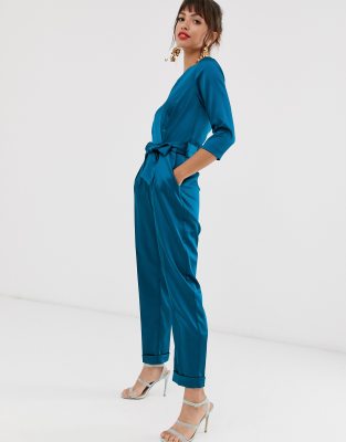 teal satin jumpsuit