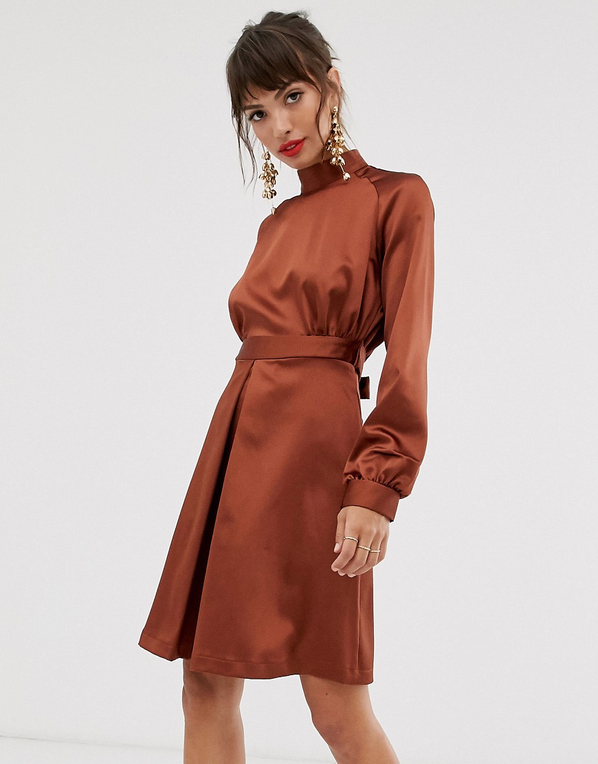 Closet high neck satin mini dress in brown