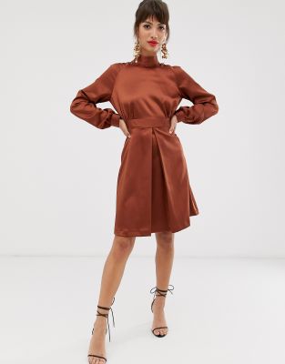 high neck satin mini dress