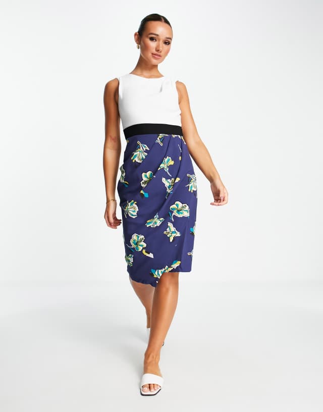 Closet London 2 in 1 pencil midi dress in navy floral