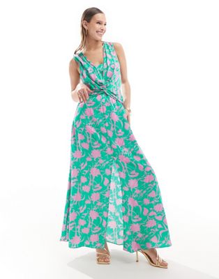Closet London A-Line sleeveless front twist dress in green and pink
