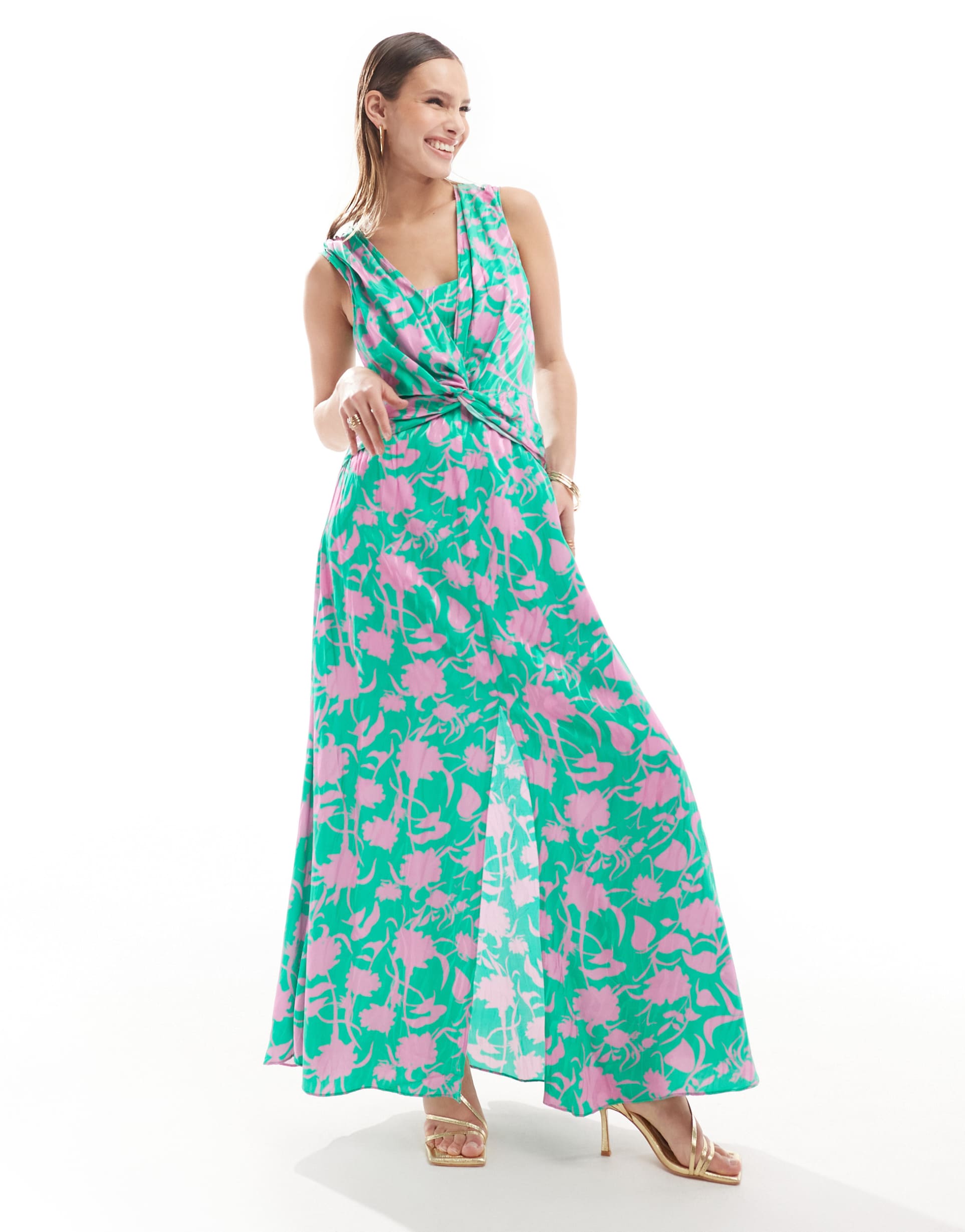 closet london a-line sleeveless front twist dress in green and pink