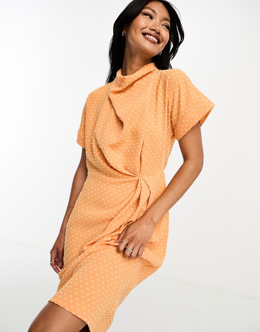 closet london - aprikosfärgad, draperad midiklänning med snurrad knut framtill-orange