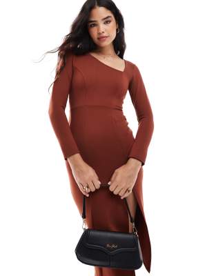 Closet London Asymmetric Midi Pencil Dress In Rust-brown