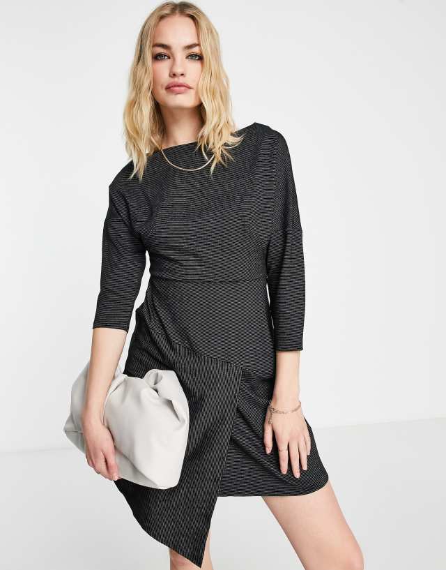 Closet London asymmetric wrap mini dress in black stripe