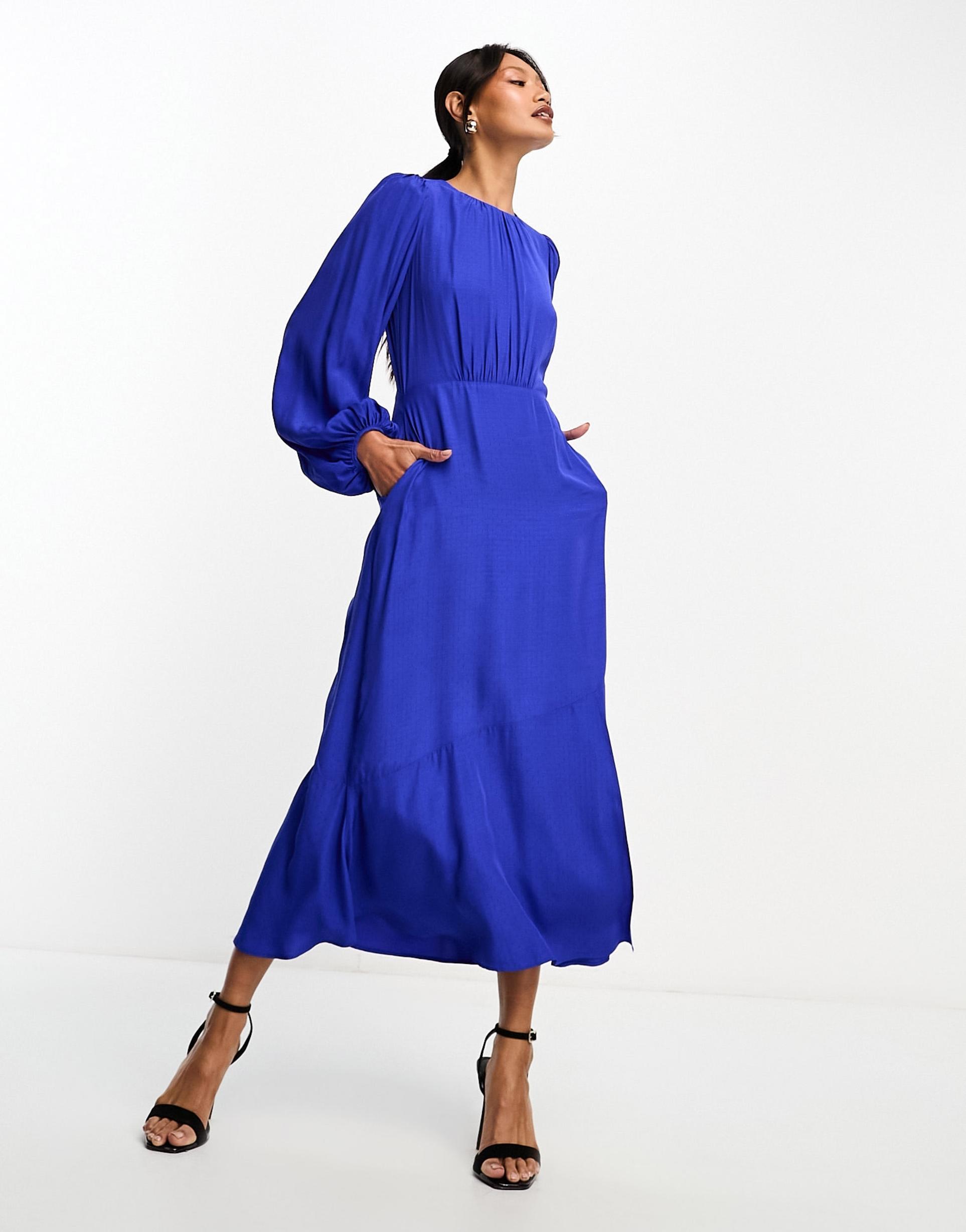 closet london balloon sleeve midaxi dress in cobalt