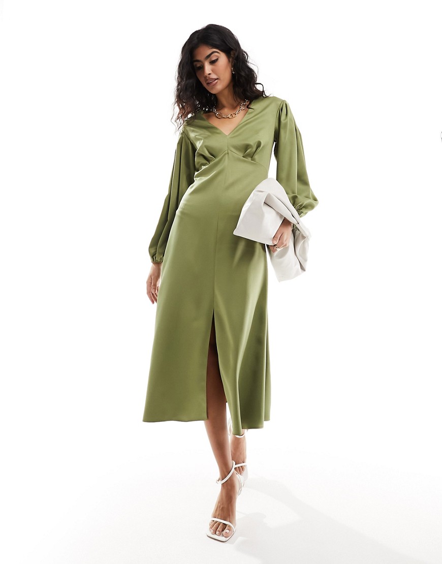 Closet London Balloon Sleeve Midaxi Dress In Olive-green