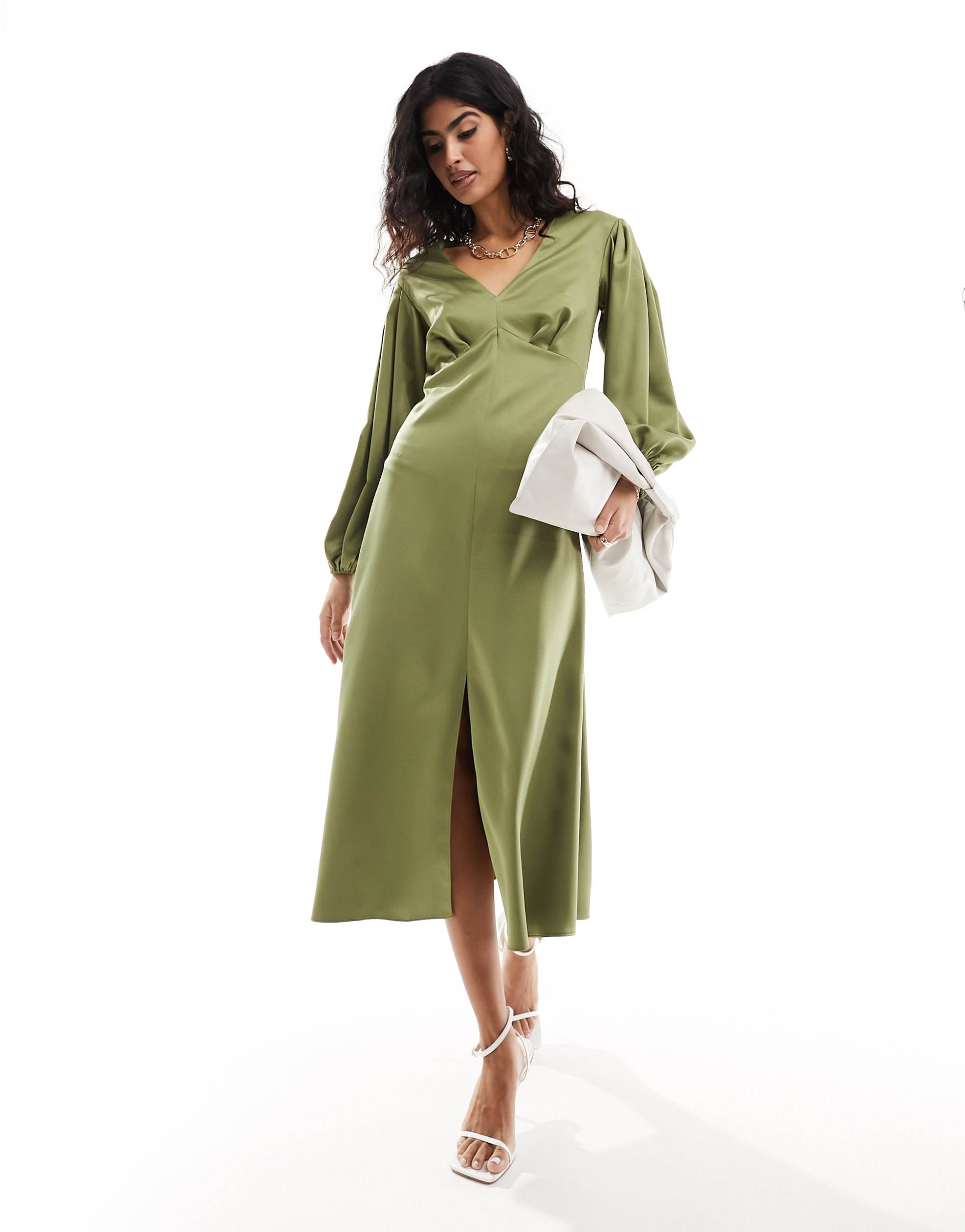 closet london balloon sleeve midaxi dress in olive