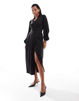 Closet London Closet London balloon sleeve wrap pencil midi dress in black