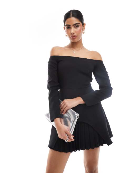 Closet London bardot pleated long sleeve mini dress in black ASOS