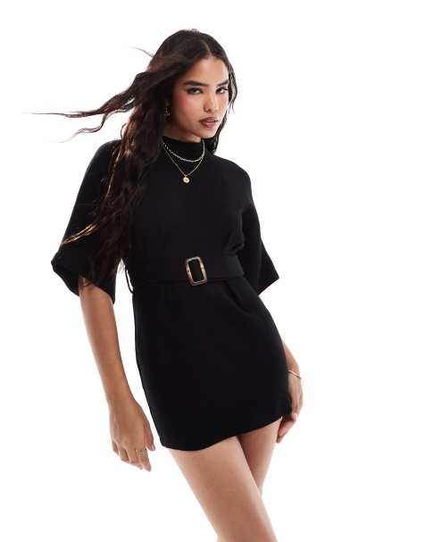 Closet London belted kimono mini dress in black - view 1