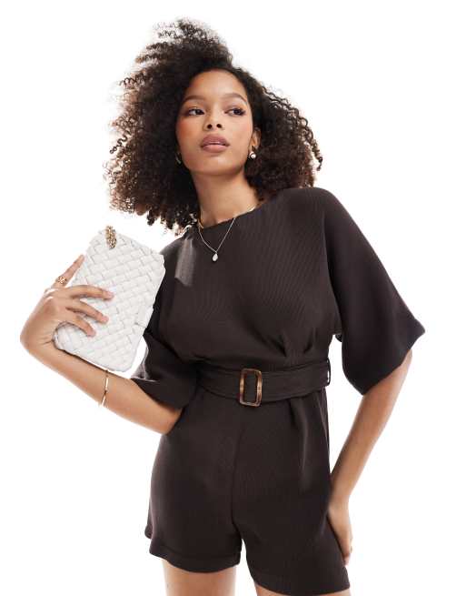 Closet London belted romper with pockets in chocolate
