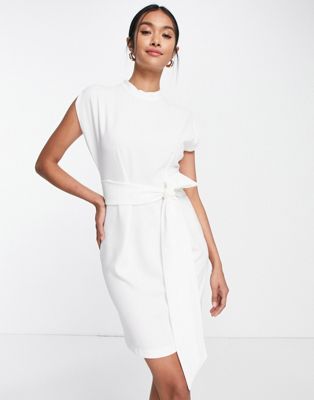 belted tie waist mini dress in ivory-White