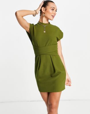 Closet London belted tie waist mini dress in olive green