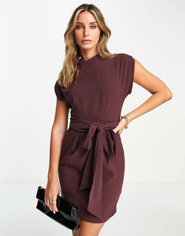 Closet London belted tie waist mini dress in plum