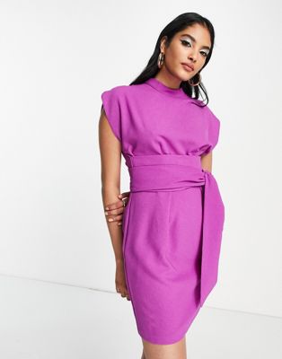 belted tie waist mini dress in purple
