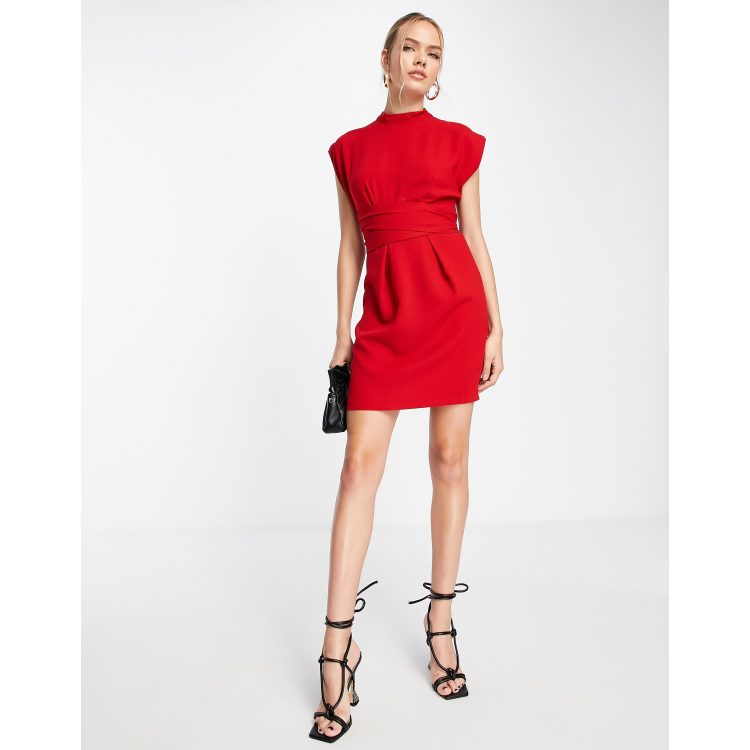 Closet London belted tie waist mini dress in red