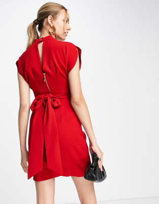 Closet London belted tie waist mini dress in red