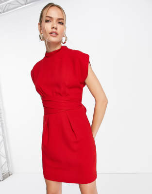 Closet London belted tie waist mini dress in red