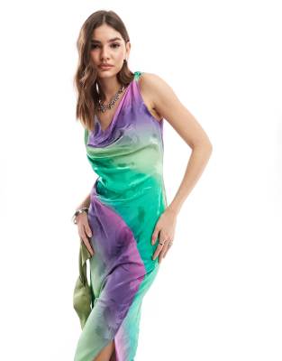 bias cut satin maxi dress in ombre-Multi