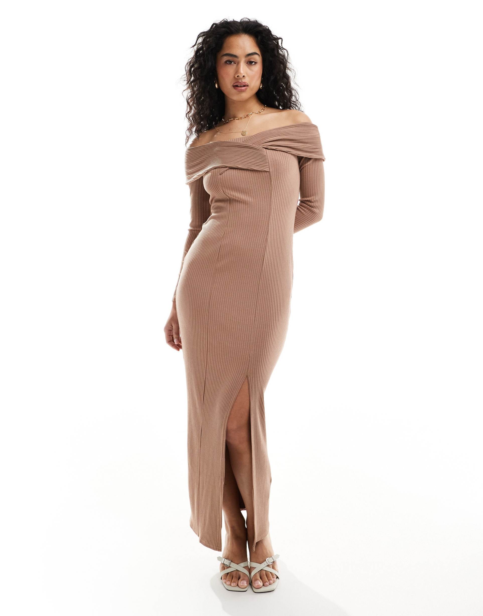 closet london bodycon off the shoulder midi dress in brown