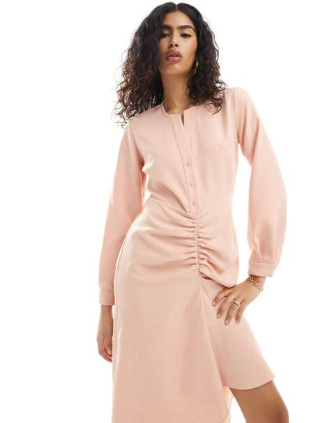 Closet London button front midi dress with ruched skirt in mink - view 1