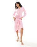 [Closet London] Closet London button front midi dress with ruched skirt in pink-Multi 8 PINK/WHT STRIPE