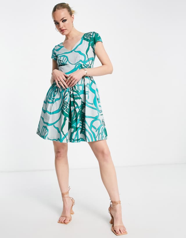 Closet London cap sleeve mini prom dress in abstract green print