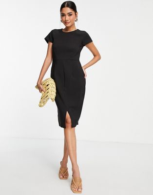 Closet London cap sleeve split pencil dress in black - ASOS Price Checker