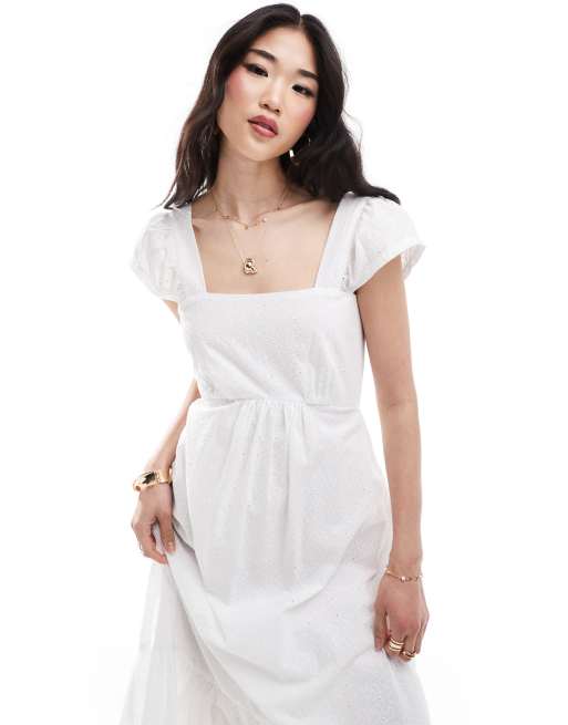 knee length dresses for ladies White Square Neck Smocked Bodice Cap Sleeve Eyelet Maxi Dress – SSYS main image 1
